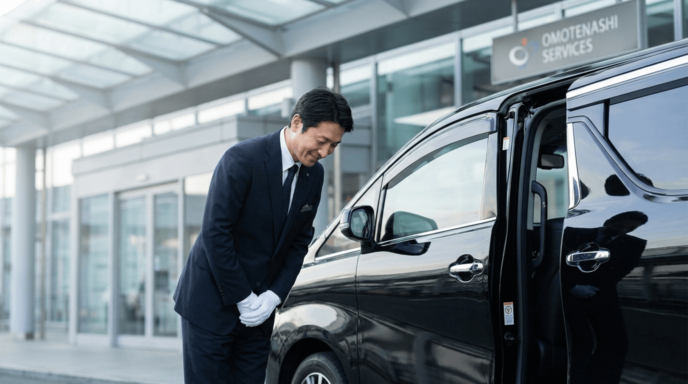空港で車両のドアを開け、お辞儀をしてお客様を迎えるハイヤードライバー